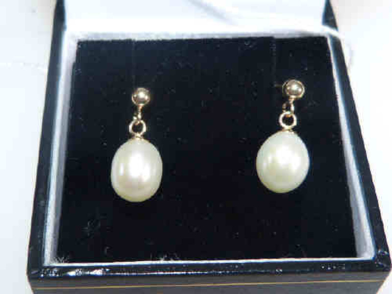 Pair of cultured pearl and diamond earrings, stamped 375