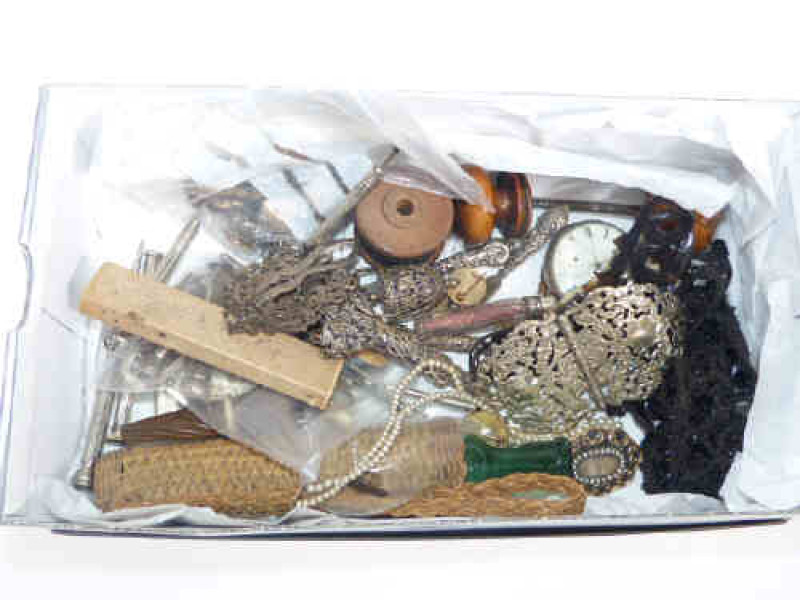 Treen needle case, sterling silver pocket lighter, sewing accessories, micro mosaic brooch, etc