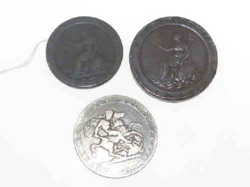 George III silver crown, two pence cartwheel coin and a one pence cartwheel coin (3)