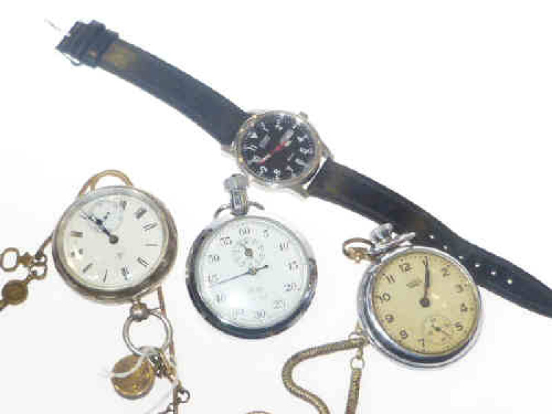 Silver pocket watch, stop watch, Smiths pocket watch, Citizen wristwatch, etc