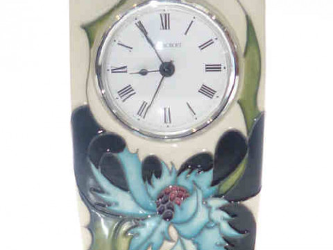Moorcroft clock in the Sea Holly pattern by Emma Bosson
