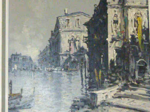 Massino, Venice, signed lower right, acrylic on canvas, framed