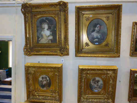 Group of four portrait prints, in elaborate period style frames