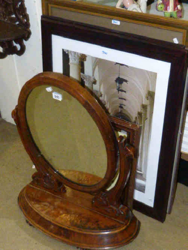 Mid Victorian mahogany toilet mirror and five framed articles