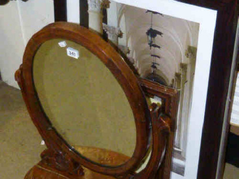 Mid Victorian mahogany toilet mirror and five framed articles