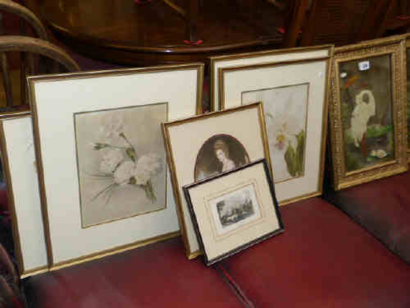 Pair of painted mirrors and six further framed articles (8)