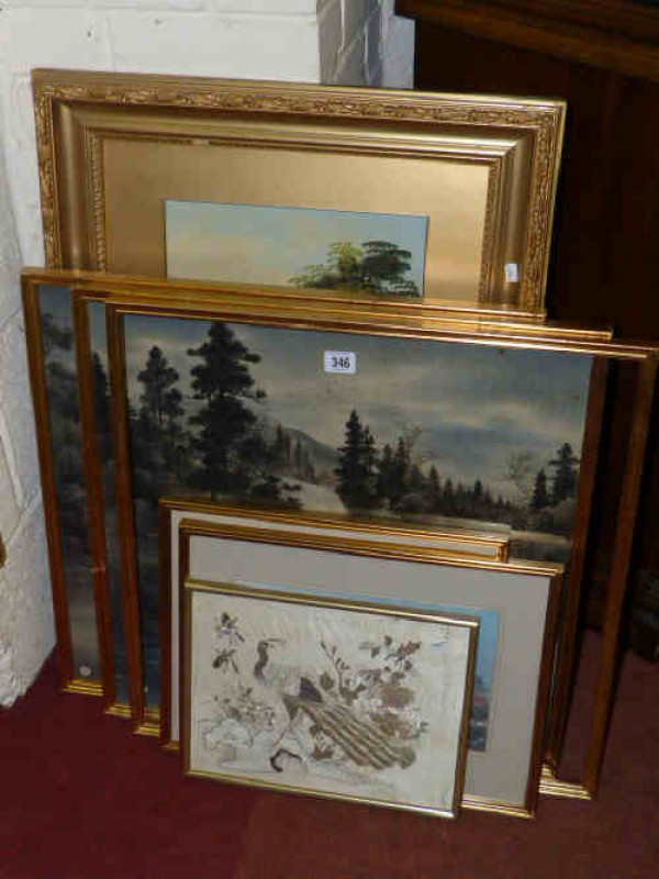 Pair of Chinese watercolours, one with Sotheby's label; three Chinese fabric pictures, etc (7)