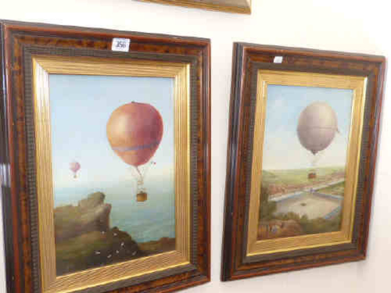 Hot Air Ballooning, each initialled C.M., a pair of oils, framed; together with an Oriental silk picture and a gilt overmantel mirror (4)