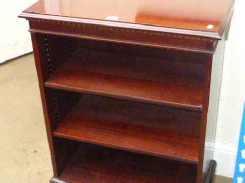Neat mahogany three tier open bookcase, six table lamps and pair three...