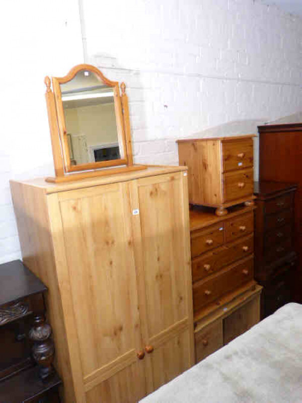 Alstons pine finish wardrobe, dressing table and pedestal, pine chest, pedestal, dressing mirror and stool (7)
