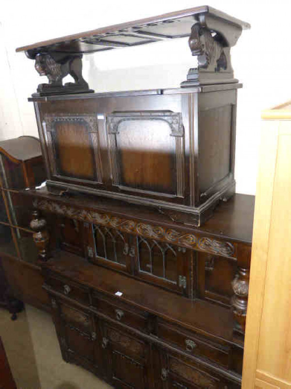 Old Charm linen fold panel court cupboard and oak monks bench (2)