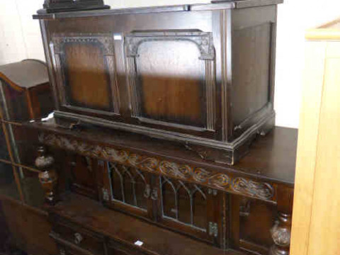 Old Charm linen fold panel court cupboard and oak monks bench (2)