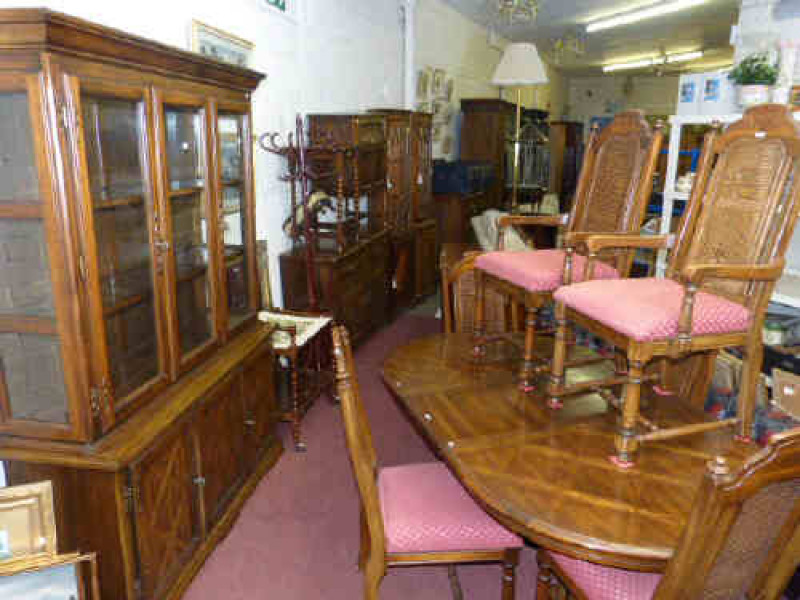 Colonial style eight piece dining suite, dinner wagon, gilt framed wall mirror, pair Oriental framed fabric prints and unframed Continental watercolour (13)