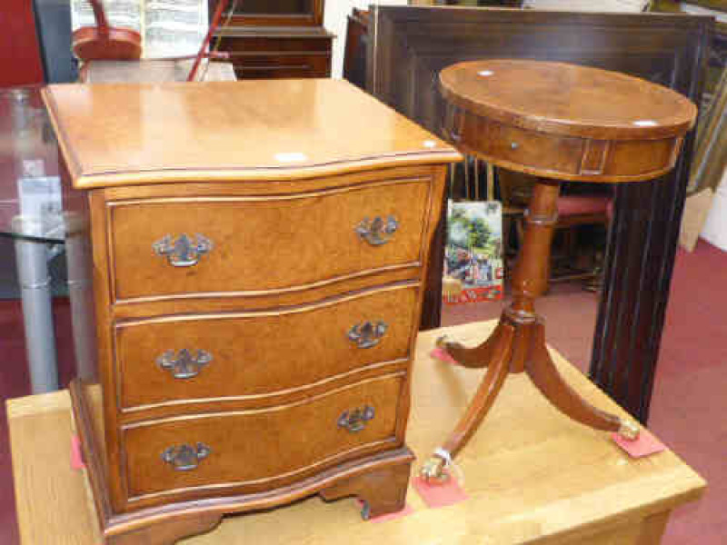 Burr walnut serpentine front three drawer pedestal chest and walnut pedestal drum table (2)