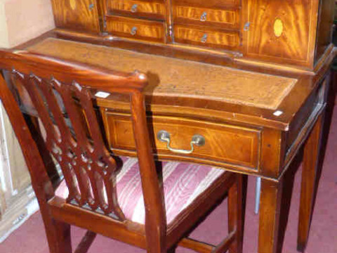 Inlaid mahogany serpentine front ladies writing desk and mahogany Chippendale...
