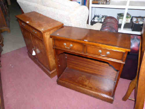 Burr walnut two door side cabinet and mahogany two drawer open bookcase...