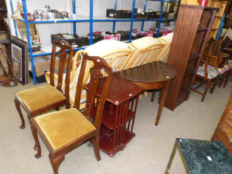 Pair mahogany dining chairs, revolving two tier bookcase, oak demi lune side table, four tier open bookcase (5)
