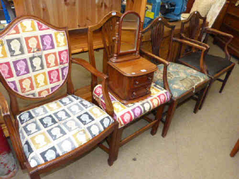 Two Antique mahogany Chippendale style elbow chairs, similar side chair, shield back elbow chair and mahogany two drawer toilet mirror (5)