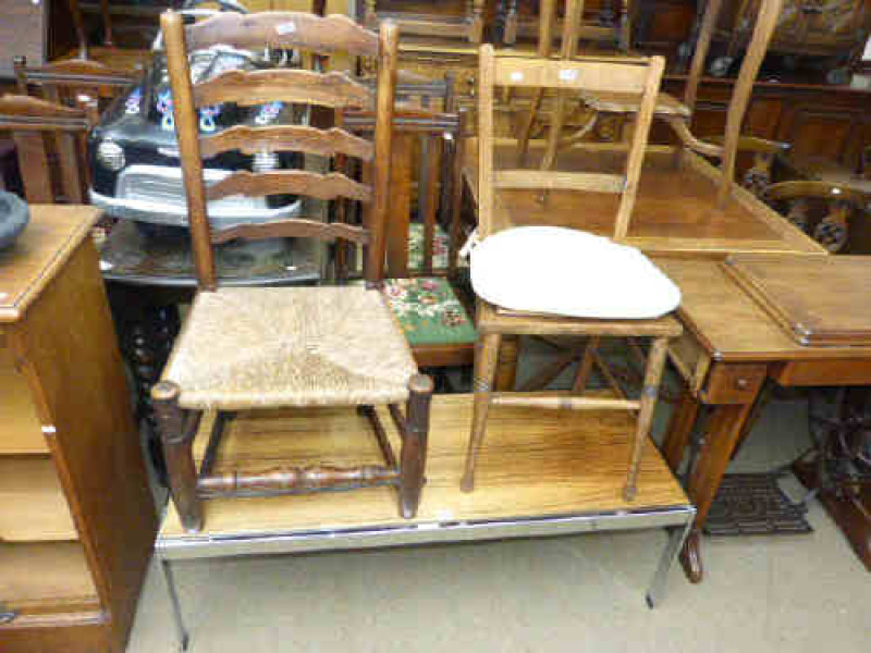 Oak ladder back rush seated side chair, oak bedroom chair and rectangular coffee table