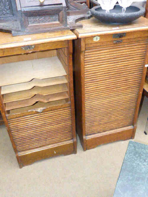 Pair slim oak tambour front filing cabinets