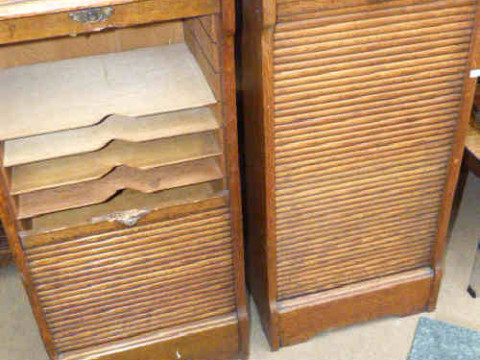 Pair slim oak tambour front filing cabinets