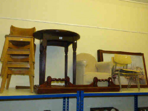 Five nursery chairs, child's easy chair, circular occasional table, oak...
