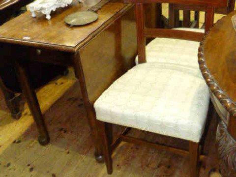 Pair of inlaid mahogany dining chairs and oak drop leaf dining table