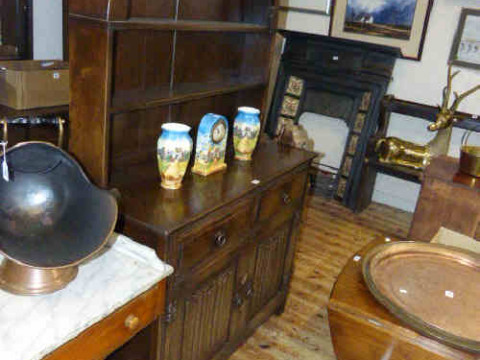 Jaycee oak arch top linen fold dresser, oak turned leg gate leg table...