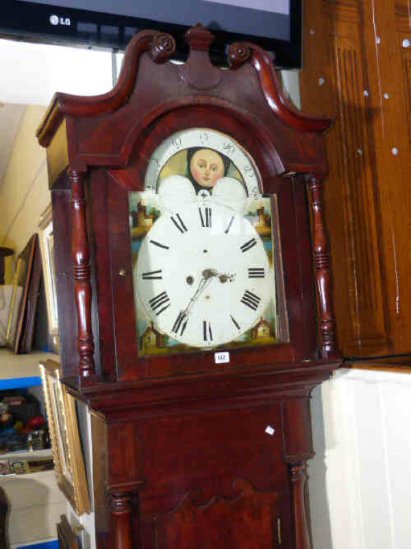 Victorian mahogany longcase clock with painted arch top dial (no weights)