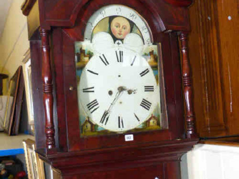 Victorian mahogany longcase clock with painted arch top dial (no weights)