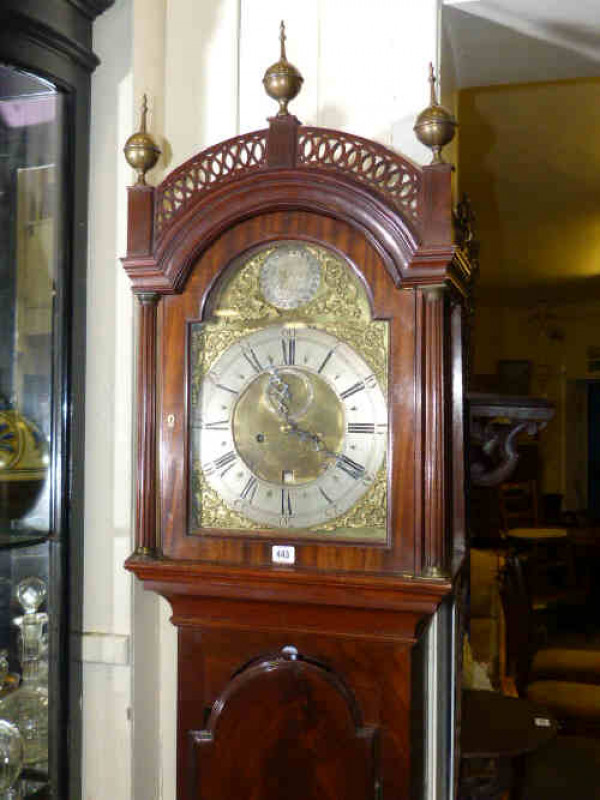 19th Century mahogany cased longcase clock with brass and silvered arched top dial by Thomas Grey of Durham, having eight day movement