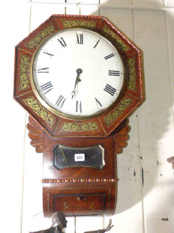 19th Century brass inlaid rosewood cased wall clock with single fusee movement