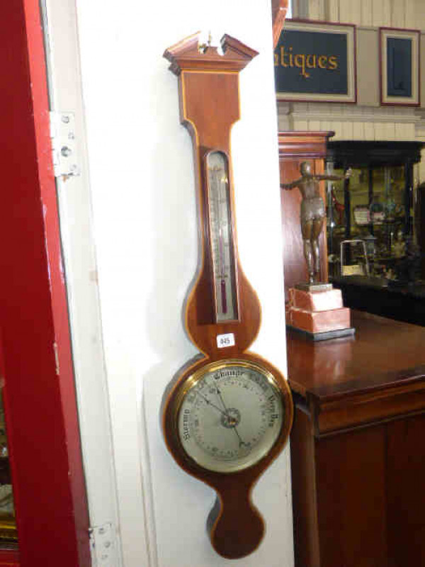 Edwardian inlaid mahogany banjo barometer/thermometer, Richardson & Co. Darlington