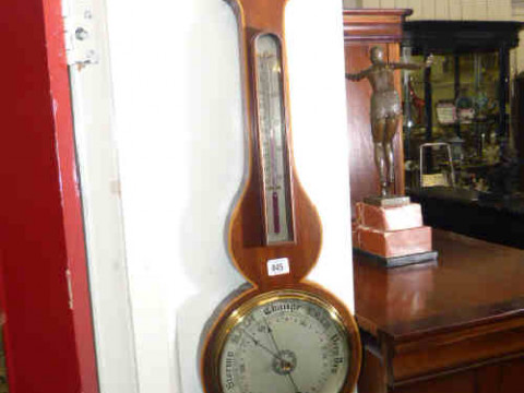 Edwardian inlaid mahogany banjo barometer/thermometer, Richardson & Co....