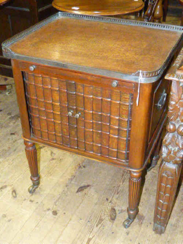 Mahogany tambour front writing cabinet with brass galleried leather top