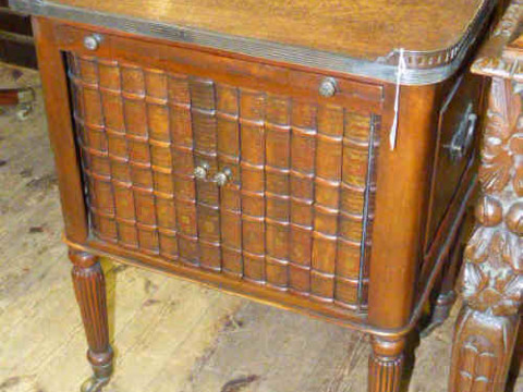 Mahogany tambour front writing cabinet with brass galleried leather top