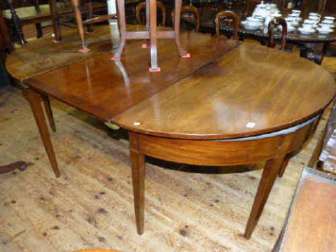 George III mahogany D end dining table and leaf on square tapering legs