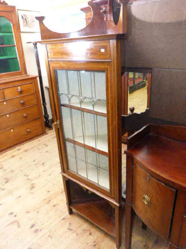 Edwardian inlaid mahogany leaded glazed door corner cabinet