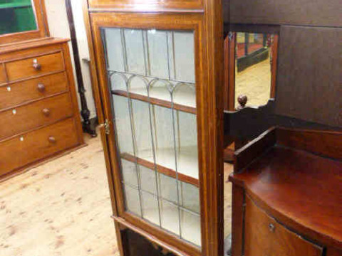 Edwardian inlaid mahogany leaded glazed door corner cabinet