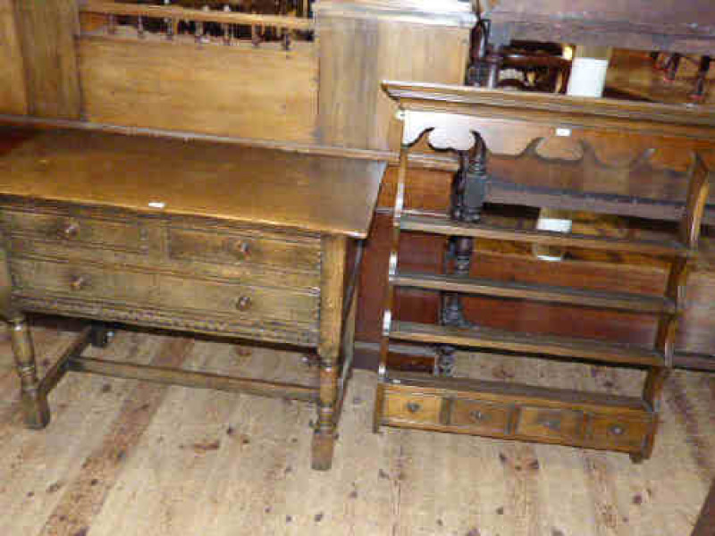 18th Century style oak two drawer dresser together with an oak wall rack (2)