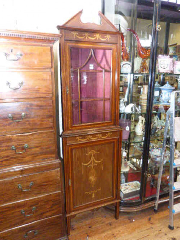 Edwardian inlaid mahogany glazed door top double corner cabinet