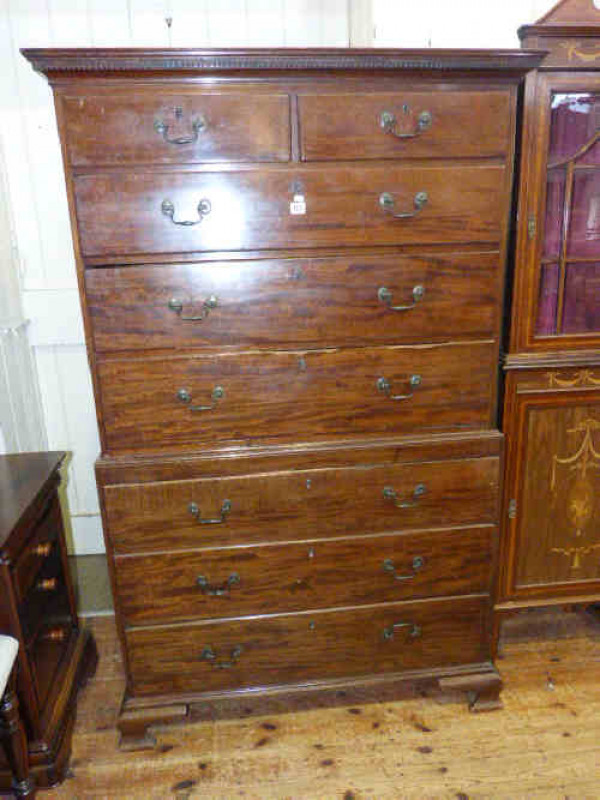 George III mahogany eight drawer chest on chest on ogee bracket feet