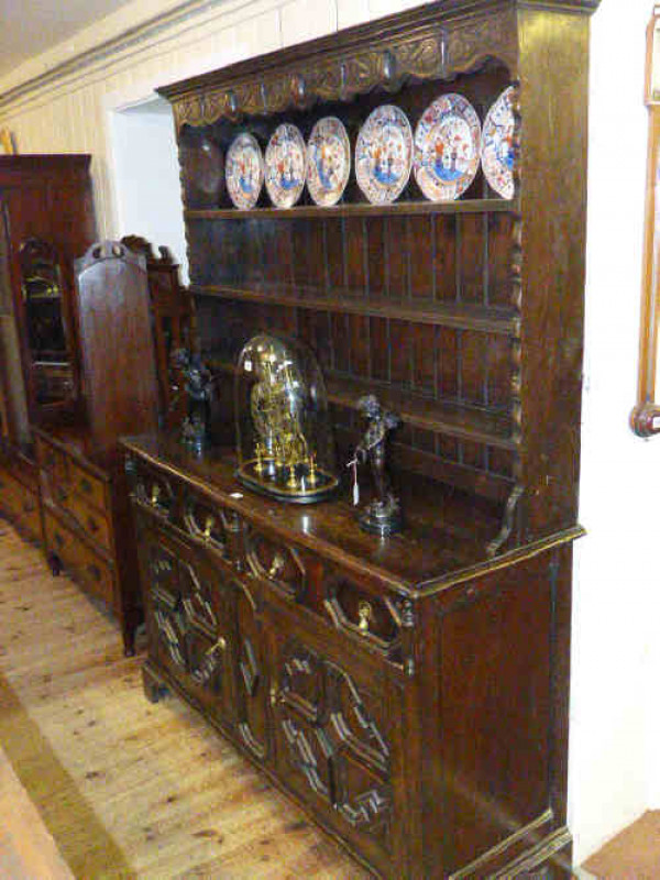 Jacobean style oak shelf back dresser