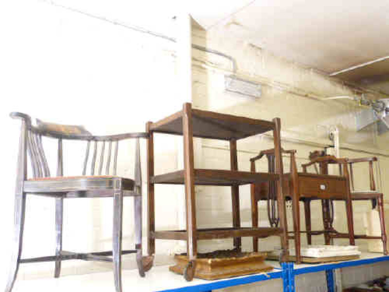 Two Edwardian inlaid corner elbow chairs, inlaid mahogany music stool, three tier dinner wagon, magazine rack and three pictures (8)