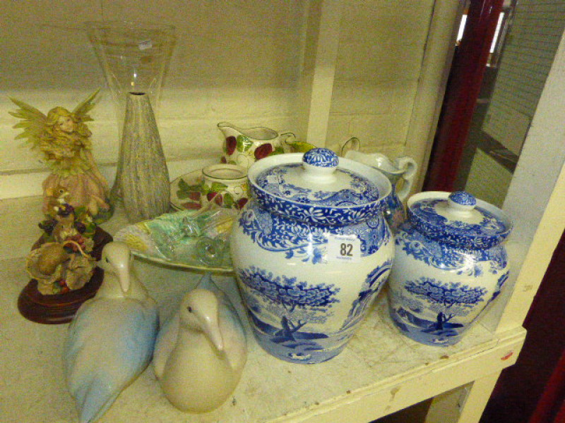 Two Spode Italian storage jars, collectors plates, Country Artist mouse ornaments and various china