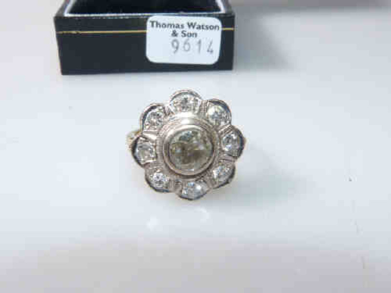 Diamond cluster ring, stamped 750, size O