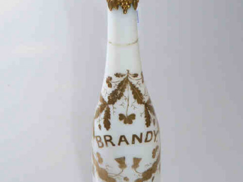 19th Century gilded opaque glass decanter with 'Brandy' label