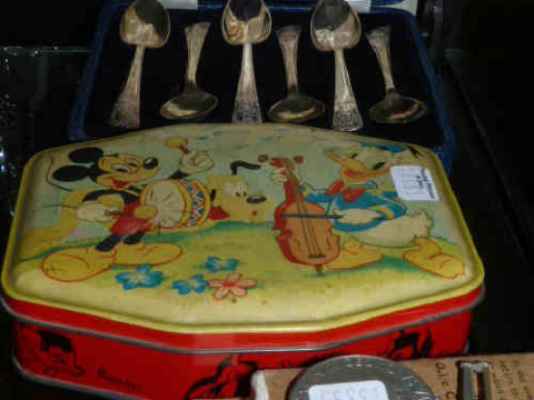 Set of six silver teaspoons, boxed; three unnamed WWII medals and a Disney...