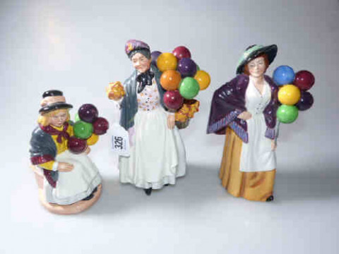 Three Royal Doulton figures, Biddy Penny Farthing, HN1843, Balloon Lady,...