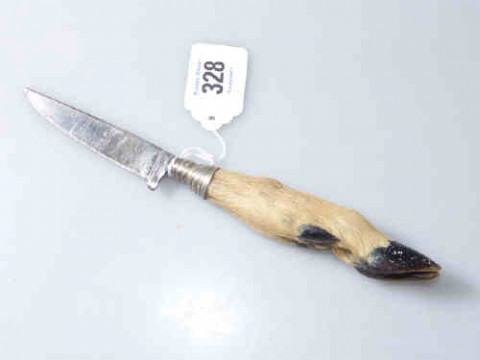 Hunting knife with deer's foot handle